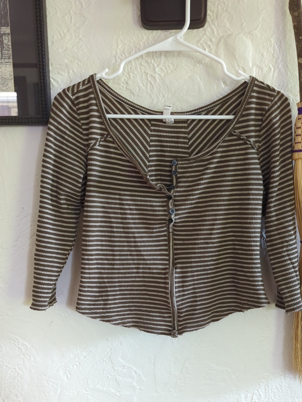 Striped Olive & Cream Women’s Button-Front Long Sleeve Thermal Top